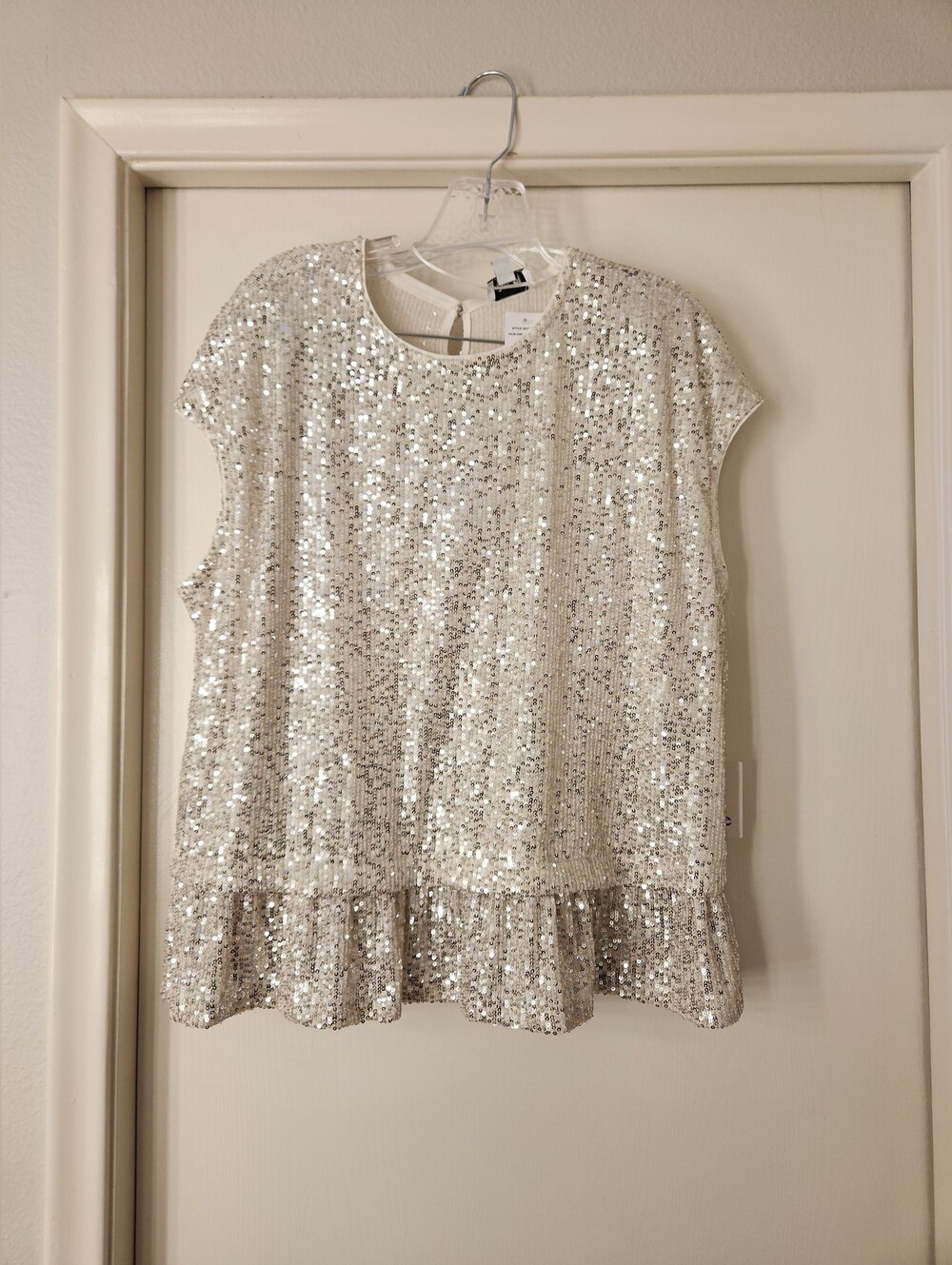 CeCe Silver Sequin Ruffle Top